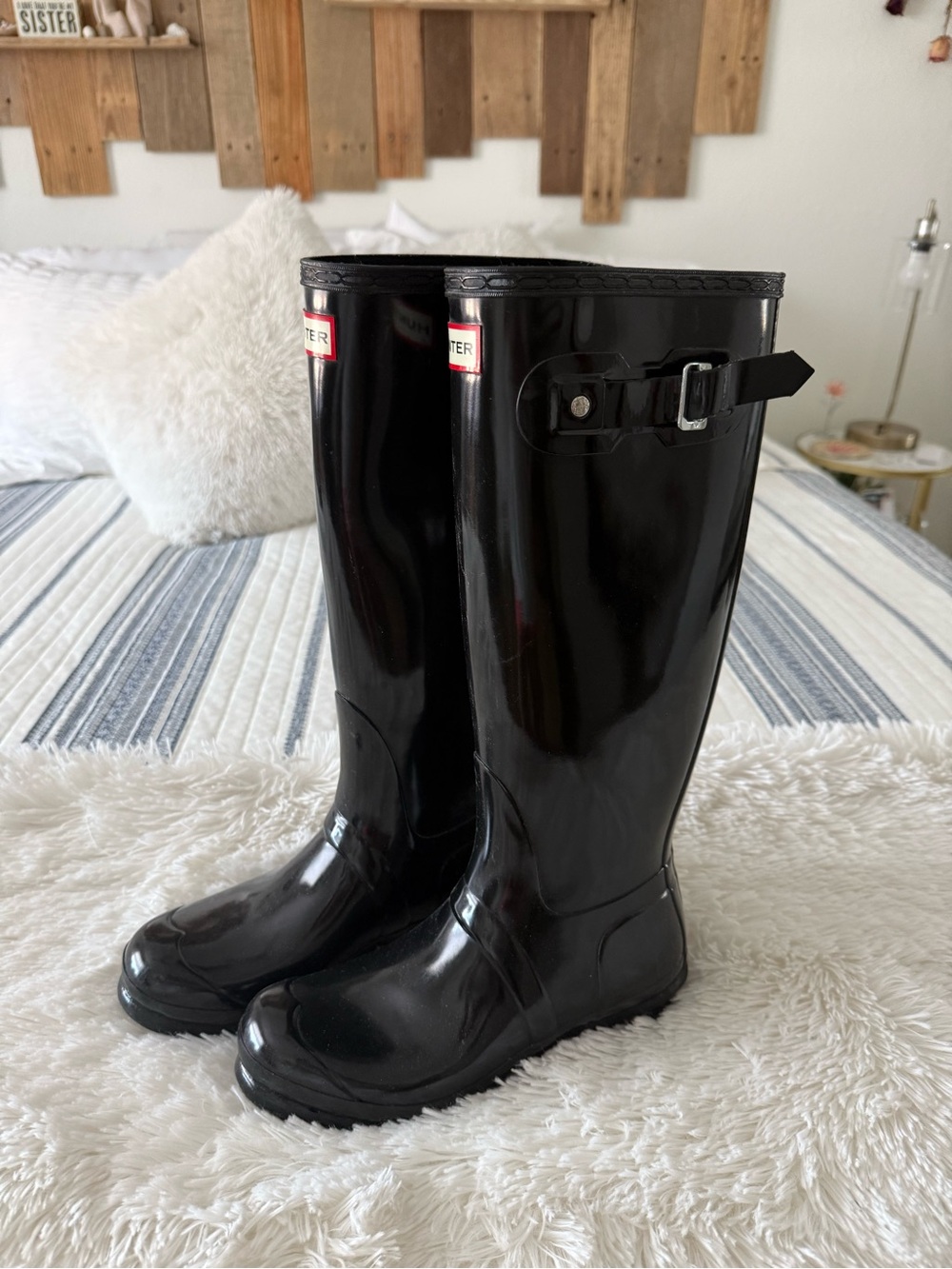 Hunter Glossy Black Knee-High Rain Boots with Side Buckle